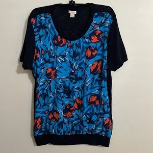 J. Crew Polyester Floral Print Front W/ Navy Cotton Knit Sleeves & Back, Size XL